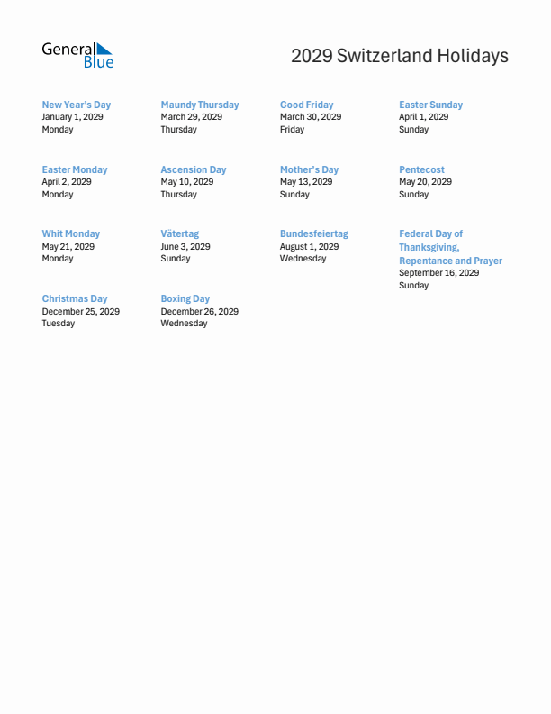 Free printable list of Switzerland holidays for year 2029