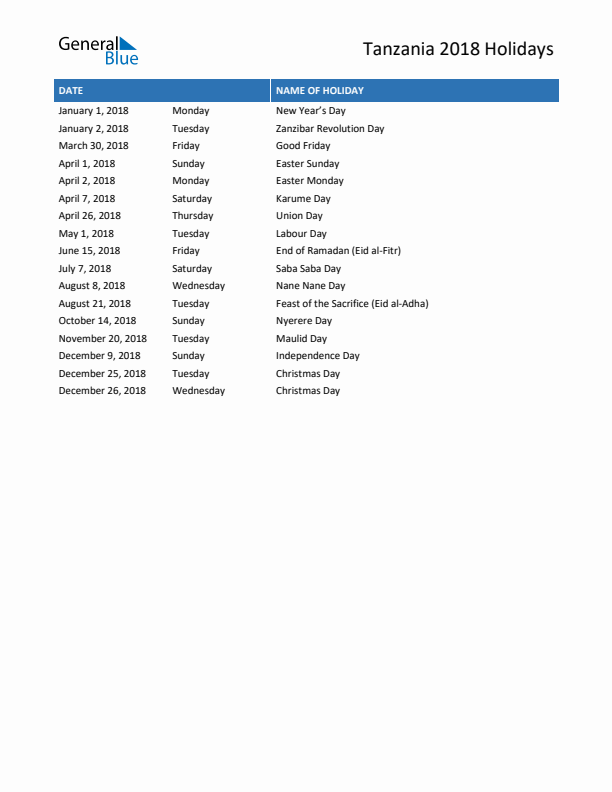 Free printable list of Tanzania holidays for year 2018