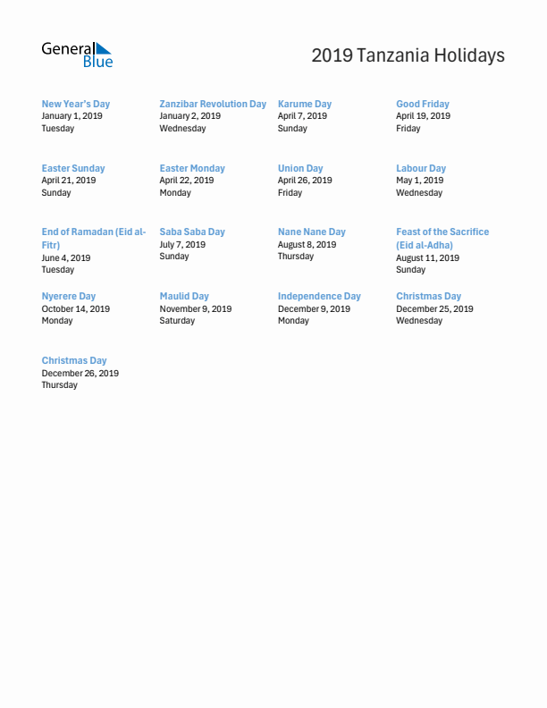 Free printable list of Tanzania holidays for year 2019