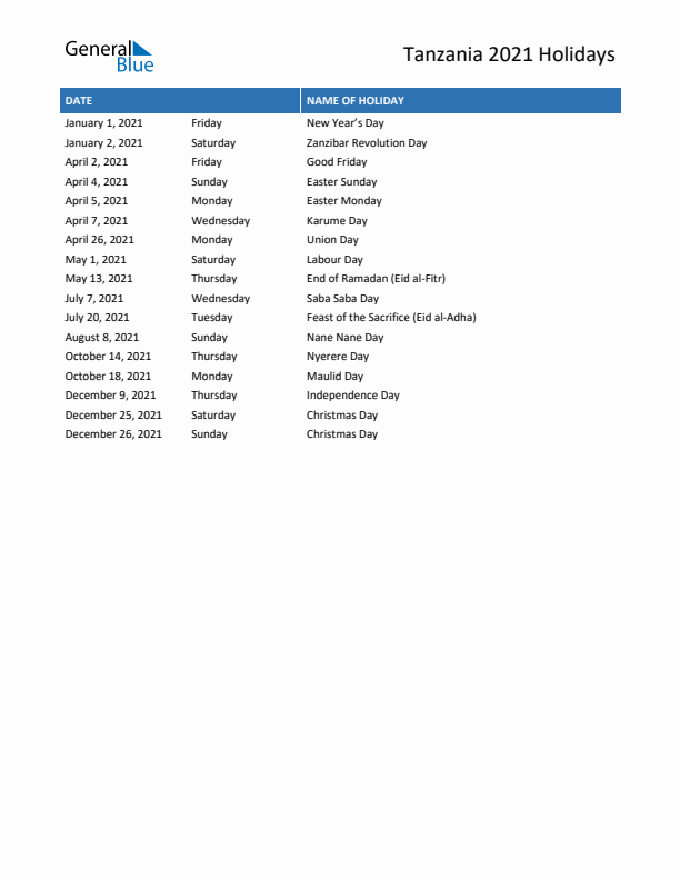 Free printable list of Tanzania holidays for year 2021