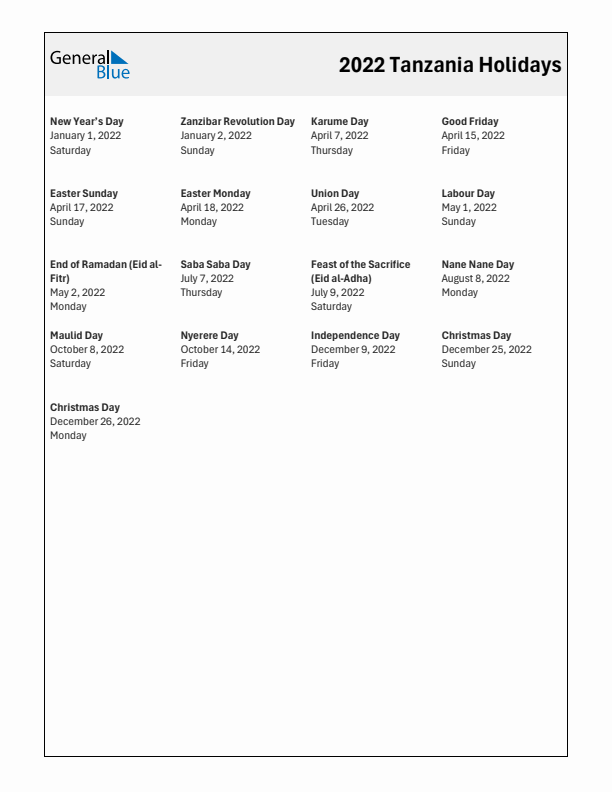 Free printable list of Tanzania holidays for year 2022