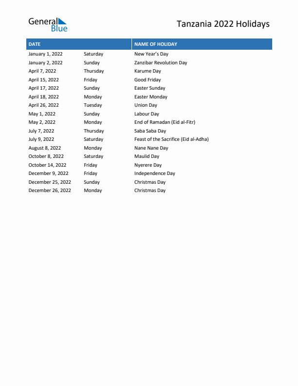 Free printable list of Tanzania holidays for year 2022