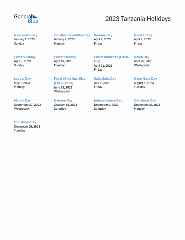 Free printable list of Tanzania holidays for year 2023