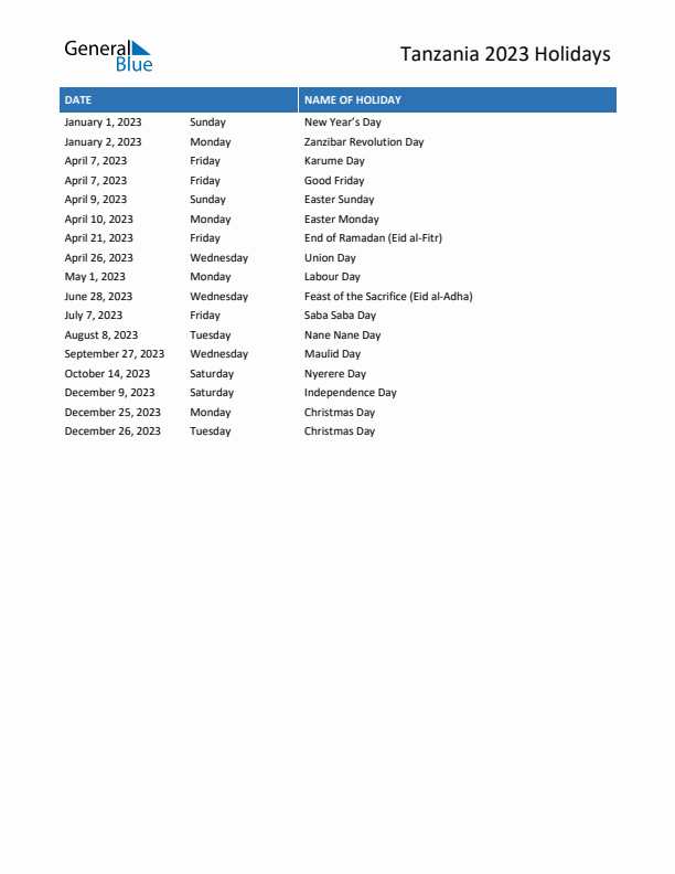 Free printable list of Tanzania holidays for year 2023