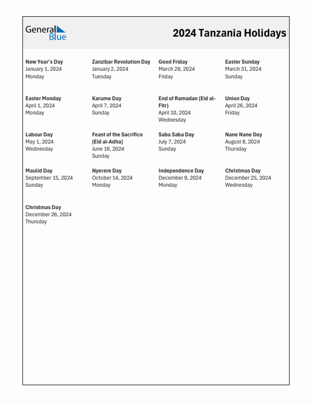 Free printable list of Tanzania holidays for year 2024