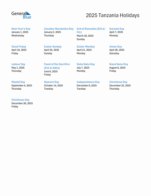 Free printable list of Tanzania holidays for year 2025