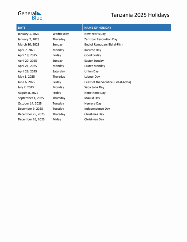 Free printable list of Tanzania holidays for year 2025