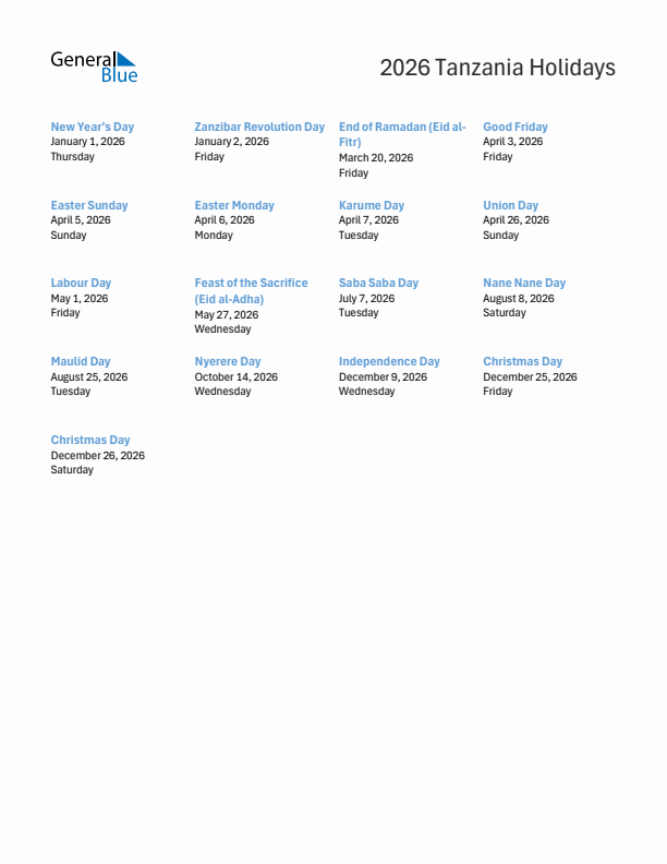 Free printable list of Tanzania holidays for year 2026