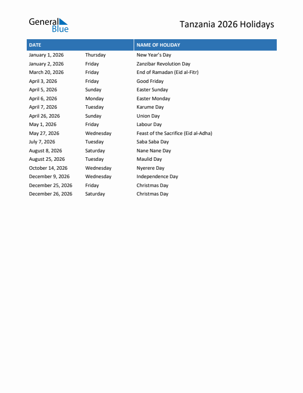 Free printable list of Tanzania holidays for year 2026