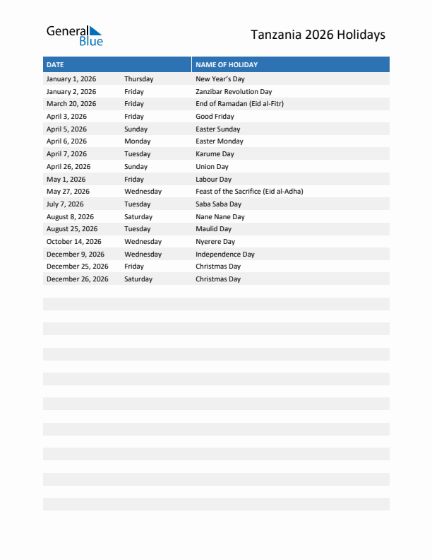 Free printable list of Tanzania holidays for year 2026