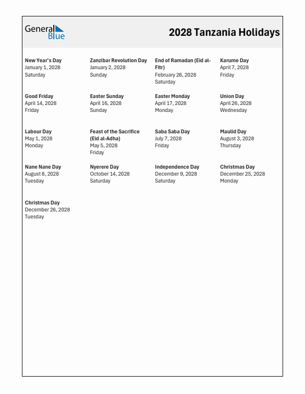 Free printable list of Tanzania holidays for year 2028