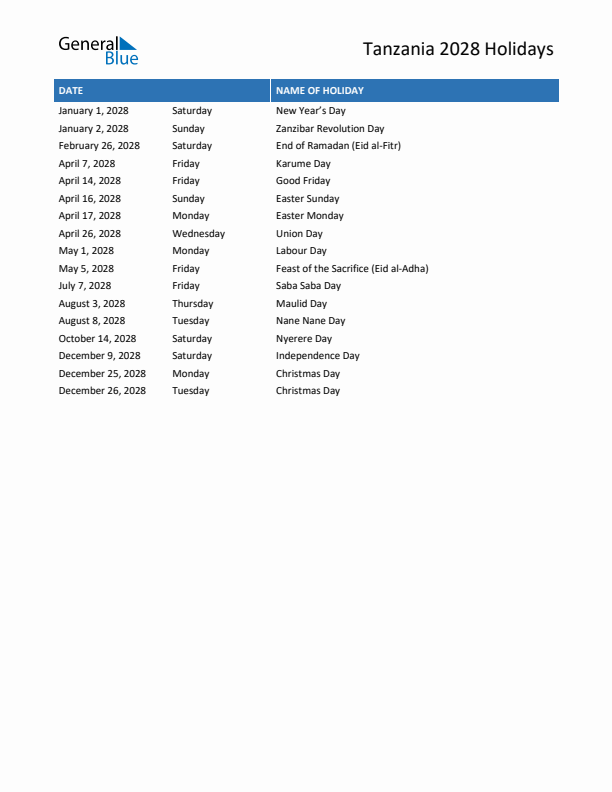 Free printable list of Tanzania holidays for year 2028