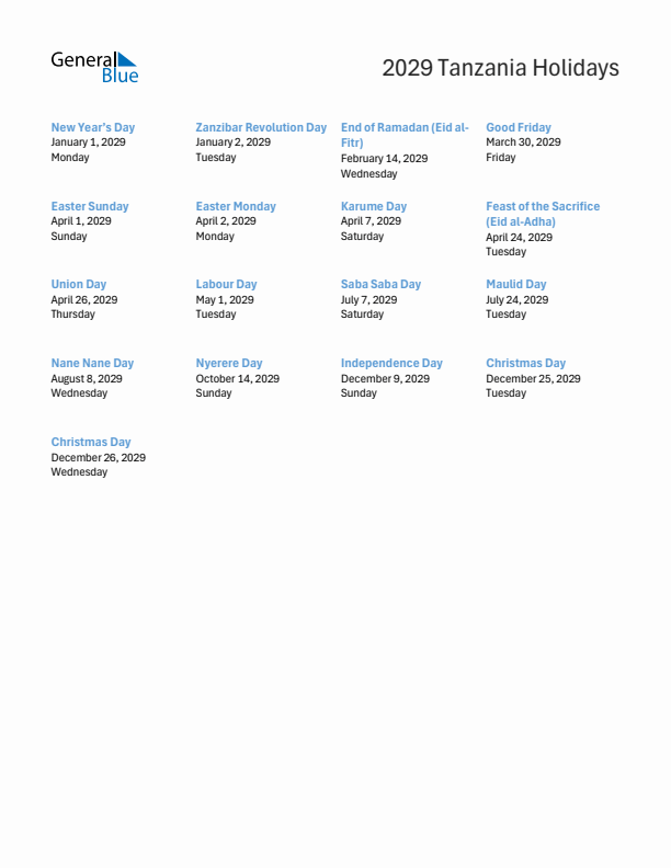 Free printable list of Tanzania holidays for year 2029