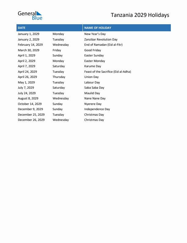 Free printable list of Tanzania holidays for year 2029