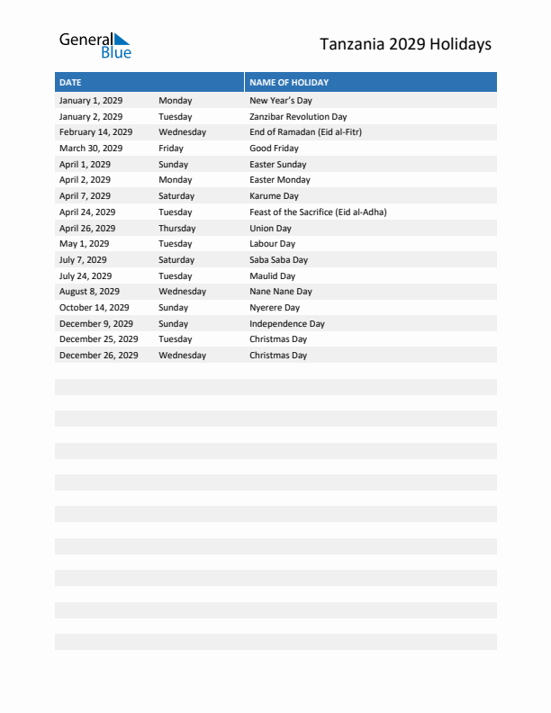 Free printable list of Tanzania holidays for year 2029