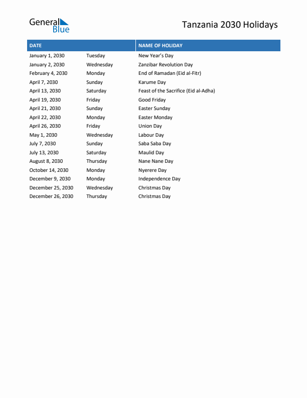 Free printable list of Tanzania holidays for year 2030