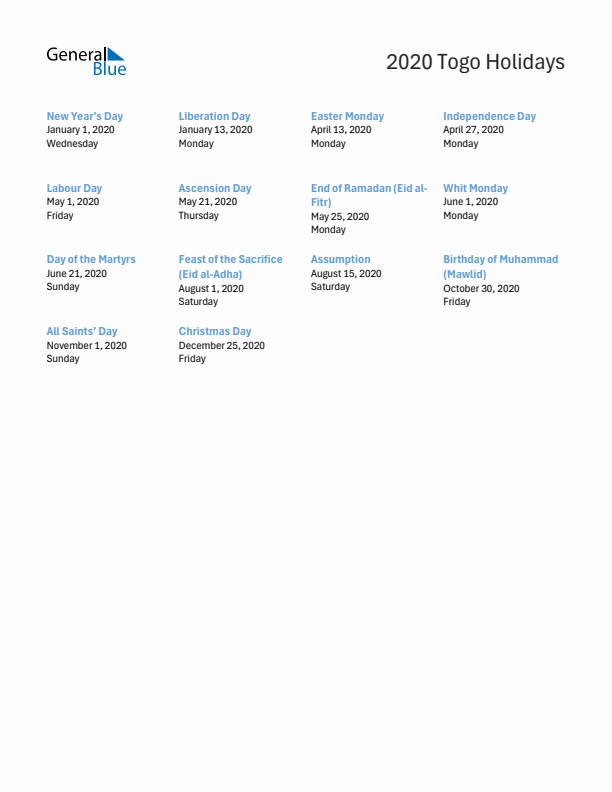 Free printable list of Togo holidays for year 2020