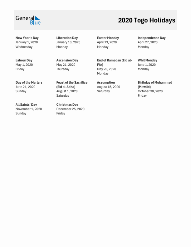 Free printable list of Togo holidays for year 2020