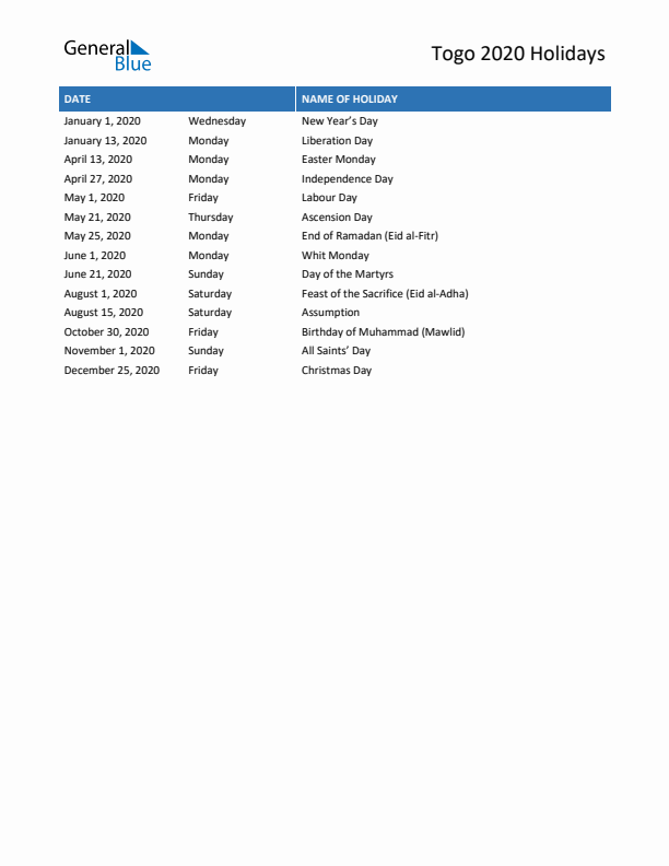 Free printable list of Togo holidays for year 2020