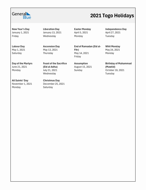 Free printable list of Togo holidays for year 2021