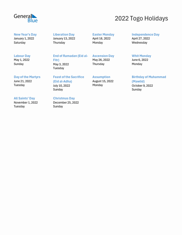 Free printable list of Togo holidays for year 2022
