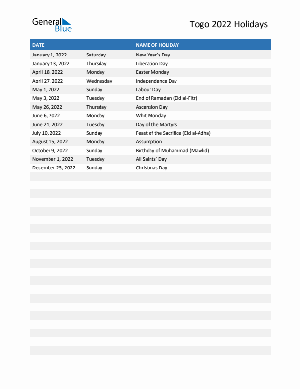 Free printable list of Togo holidays for year 2022