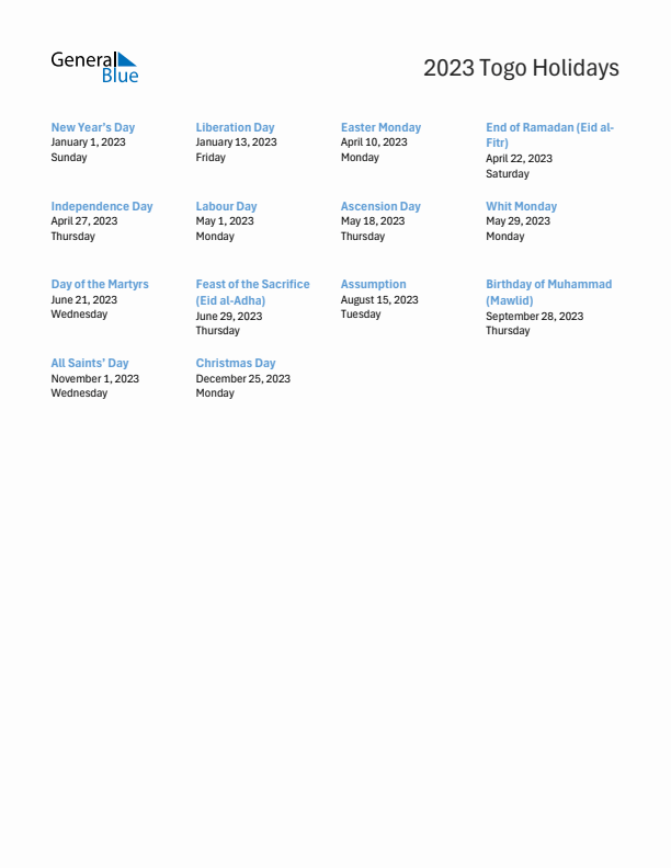 Free printable list of Togo holidays for year 2023