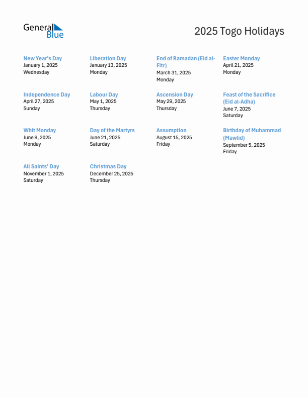 Free printable list of Togo holidays for year 2025