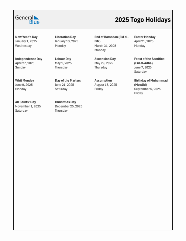 Free printable list of Togo holidays for year 2025