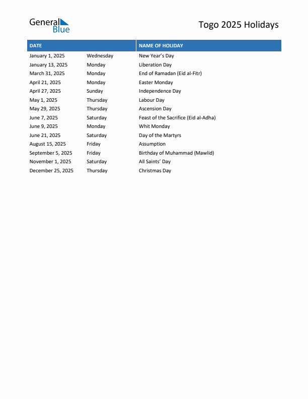 Free printable list of Togo holidays for year 2025