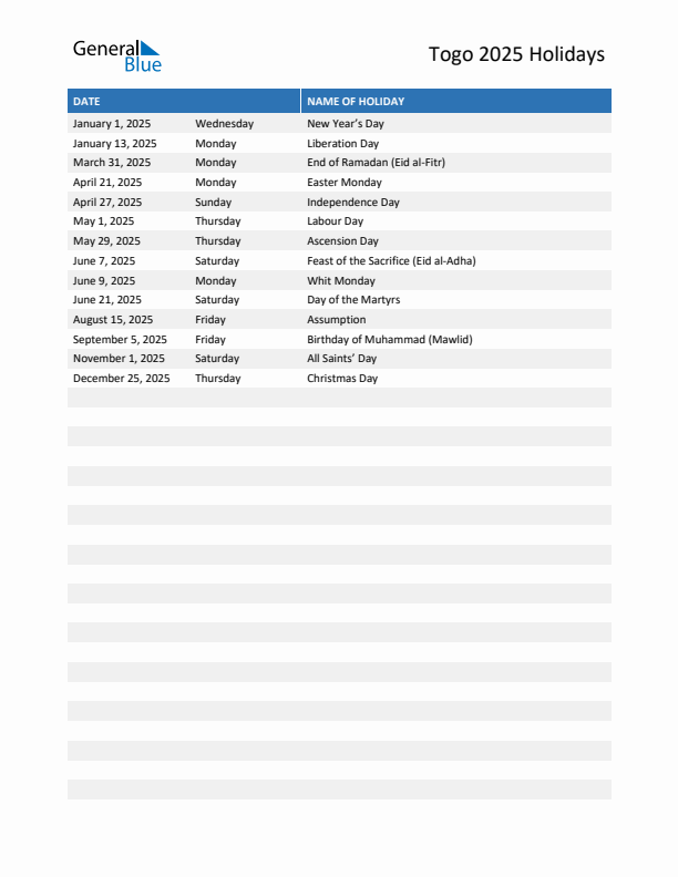 Free printable list of Togo holidays for year 2025