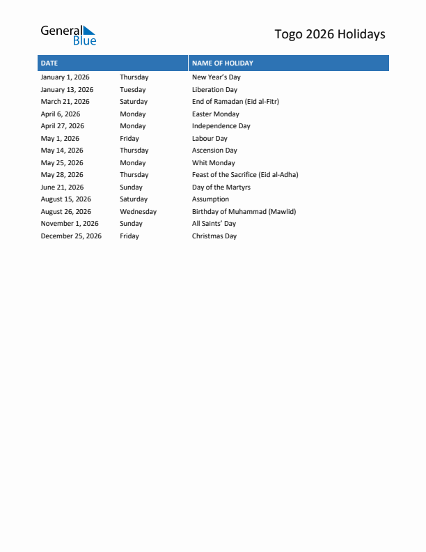 Free printable list of Togo holidays for year 2026