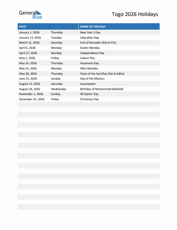 Free printable list of Togo holidays for year 2026