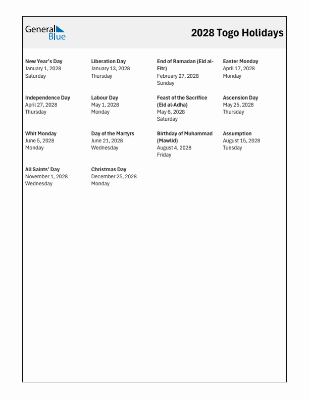 Free printable list of Togo holidays for year 2028