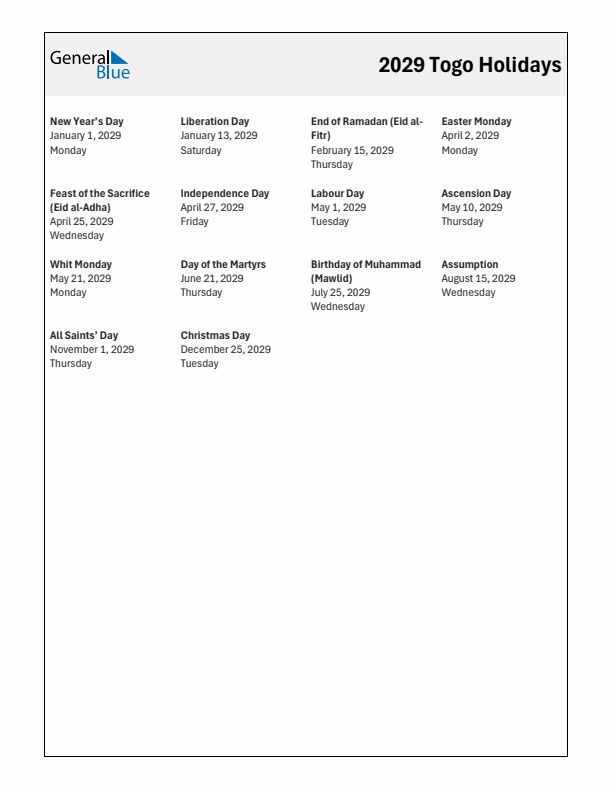 Free printable list of Togo holidays for year 2029