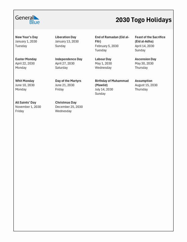 Free printable list of Togo holidays for year 2030