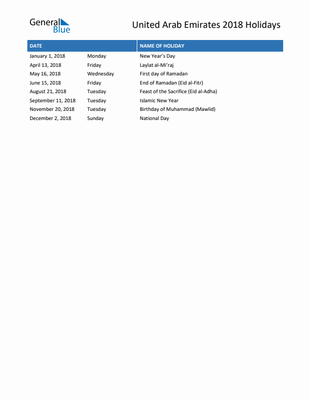 Free printable list of United Arab Emirates holidays for year 2018