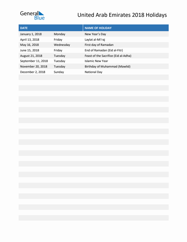 Free printable list of United Arab Emirates holidays for year 2018