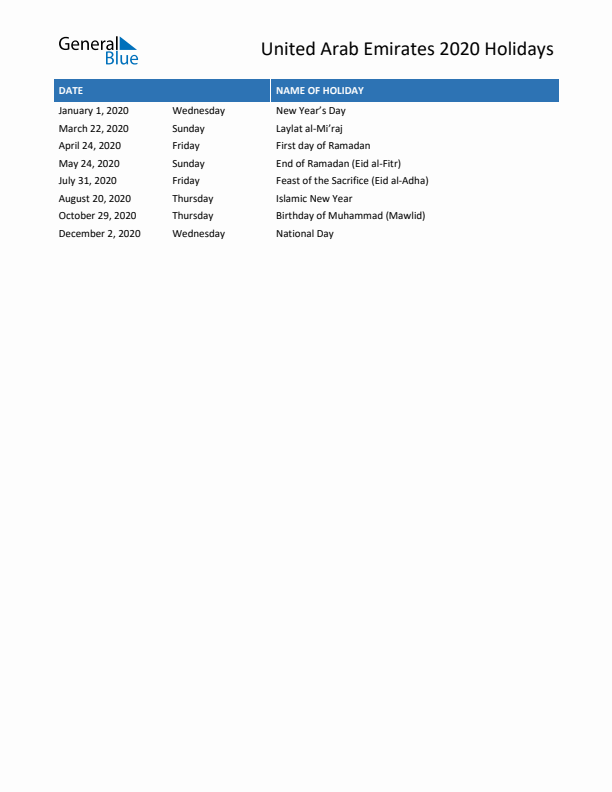 Free printable list of United Arab Emirates holidays for year 2020