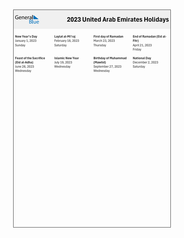 Free printable list of United Arab Emirates holidays for year 2023