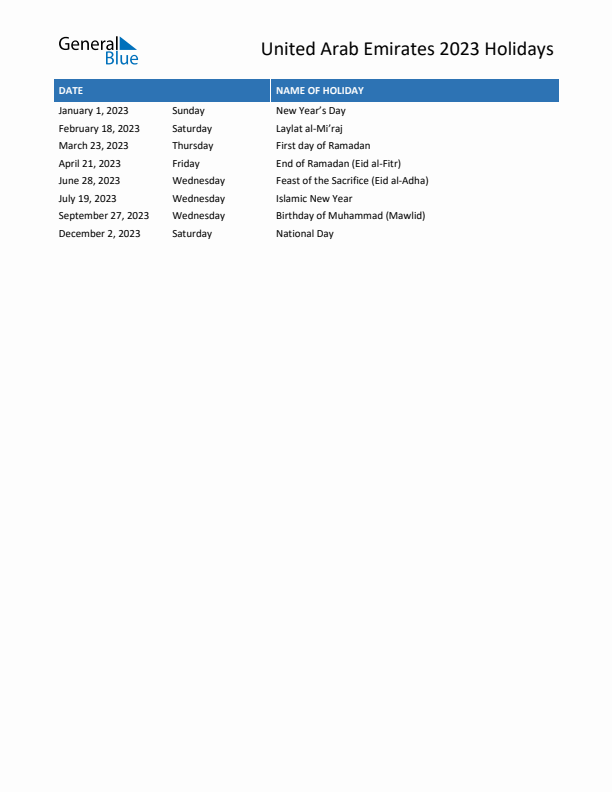 Free printable list of United Arab Emirates holidays for year 2023