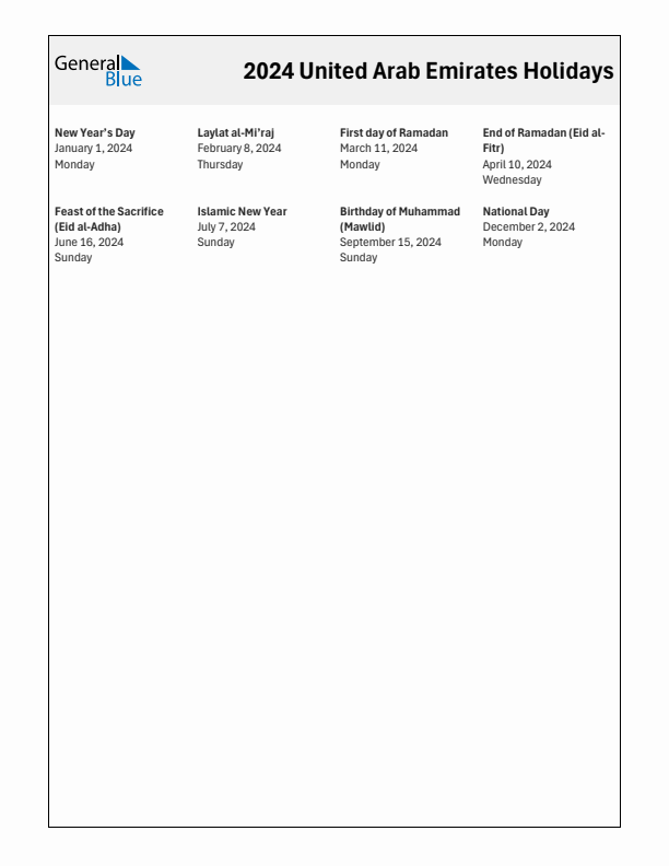 Free printable list of United Arab Emirates holidays for year 2024