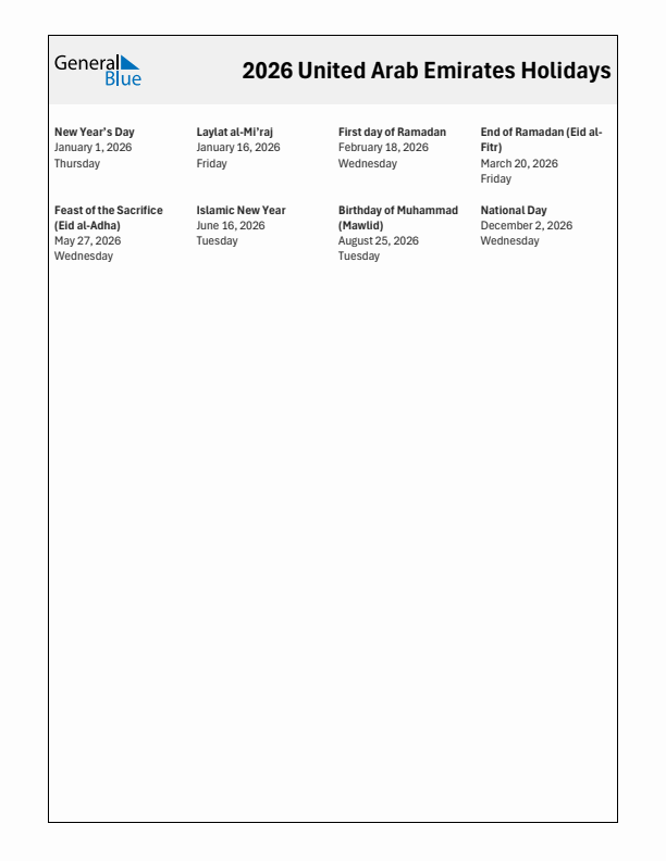 Free printable list of United Arab Emirates holidays for year 2026