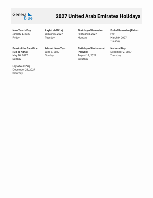 Free printable list of United Arab Emirates holidays for year 2027