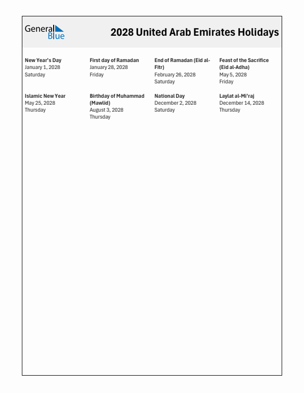 Free printable list of United Arab Emirates holidays for year 2028