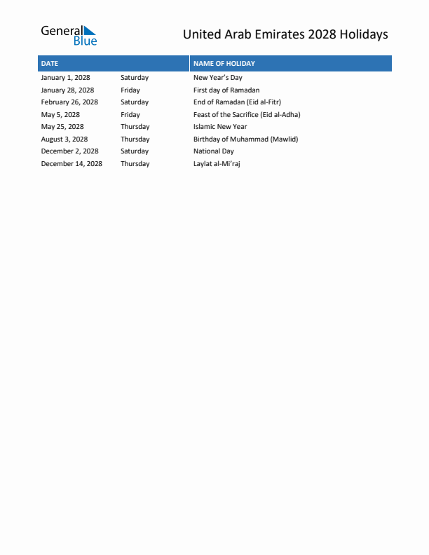 Free printable list of United Arab Emirates holidays for year 2028