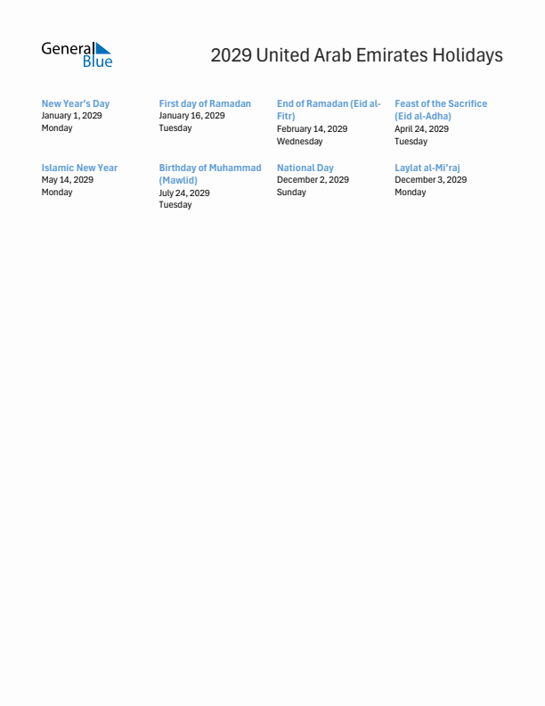 Free printable list of United Arab Emirates holidays for year 2029