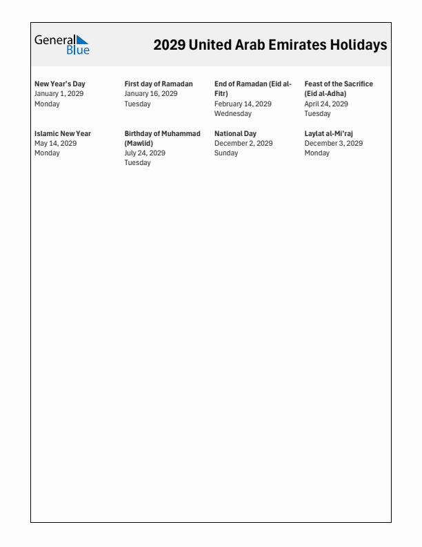 Free printable list of United Arab Emirates holidays for year 2029