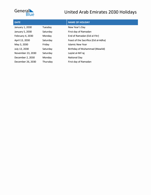 Free printable list of United Arab Emirates holidays for year 2030