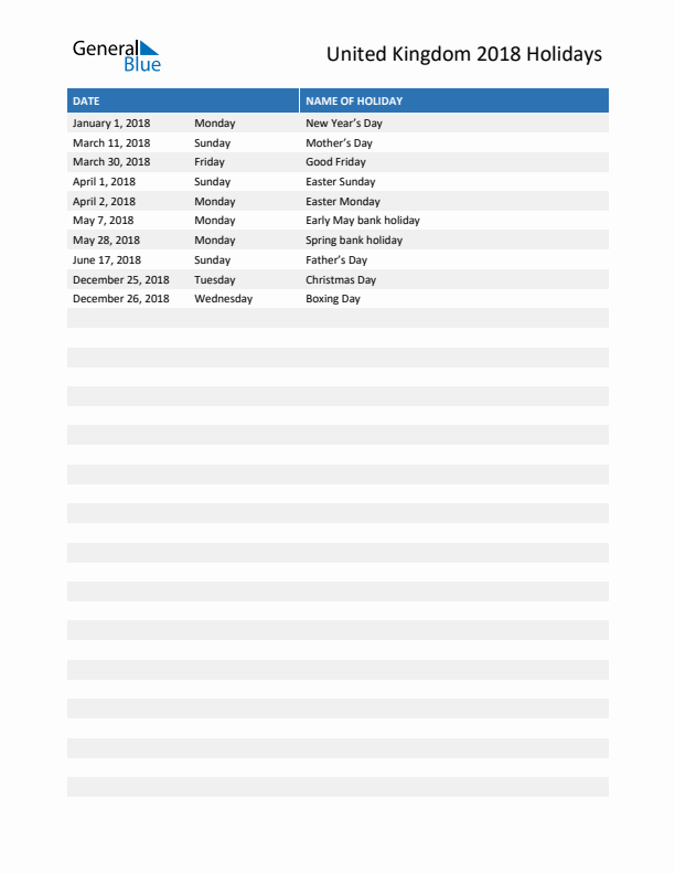 Free printable list of United Kingdom holidays for year 2018